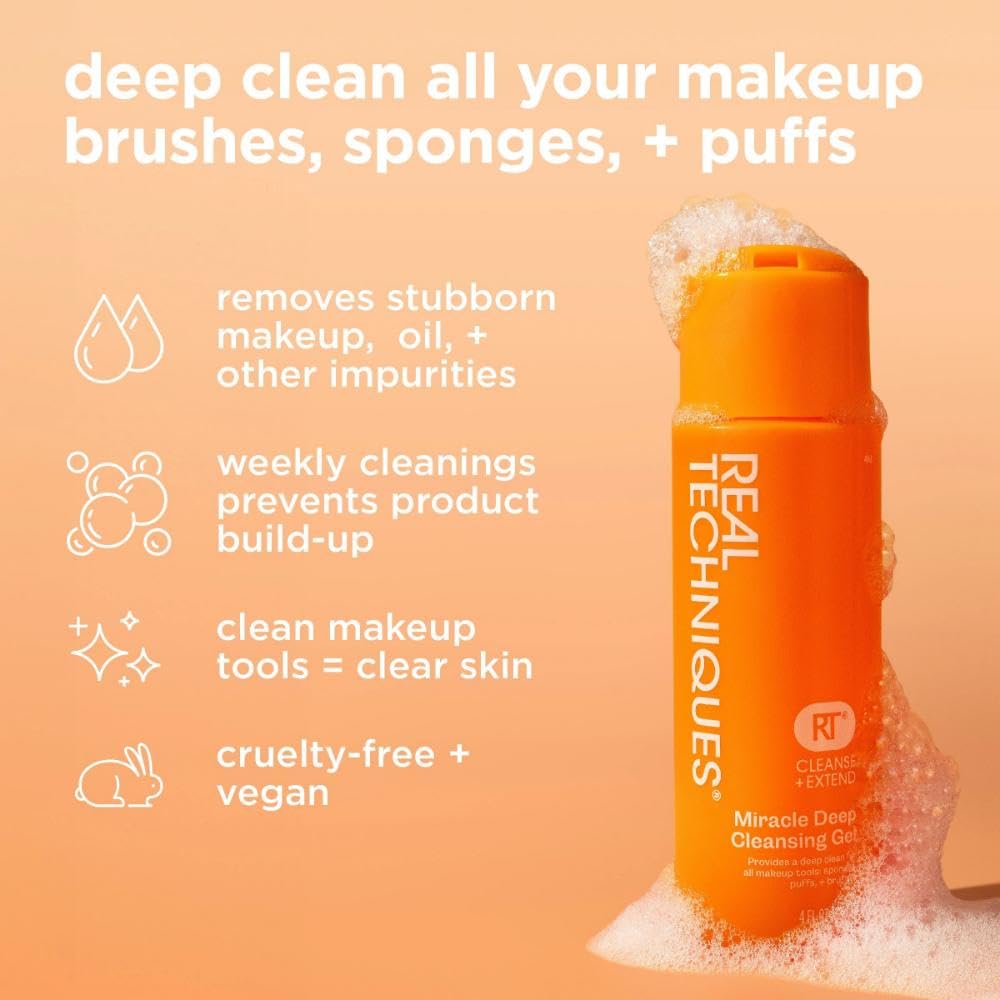 Real Techniques Miracle Gel Nettoyant Profond, Shampoing pour Pinceaux de Maquillage & Éponges, Nettoyant pour Outils de Maquillage, Végétalien et Sans Cruauté, Flacon de 118 ml (4 fl. oz.)